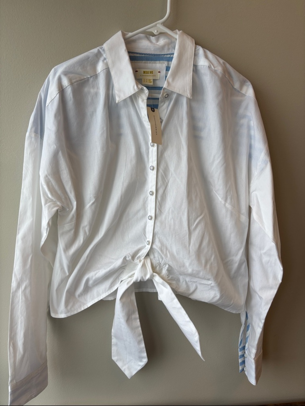 Anthropologie Maeve White Shirt with Light Blue Stripes